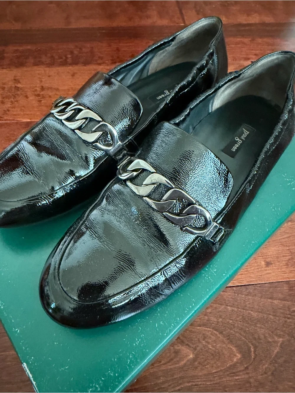 Paul Green Black Patent Leather Chain-Trim Loafers